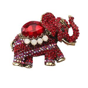 Red Rhinestone Elephant Brooch With Crystals & Opal Accents